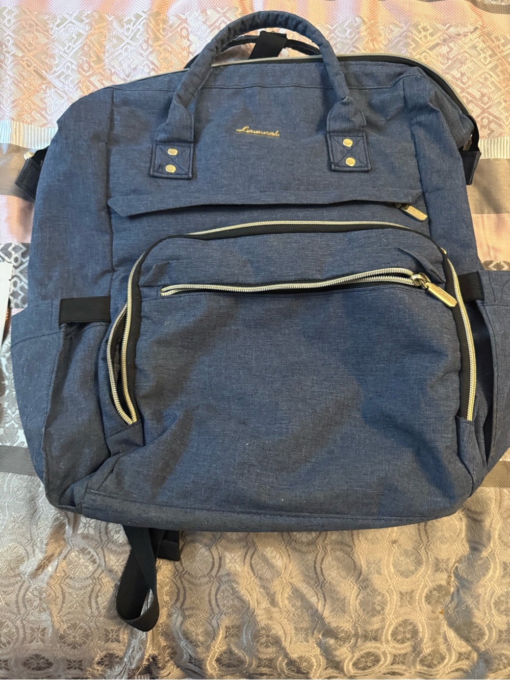 Lansinoh Navy Blue Travel Backpack with Gold Accents